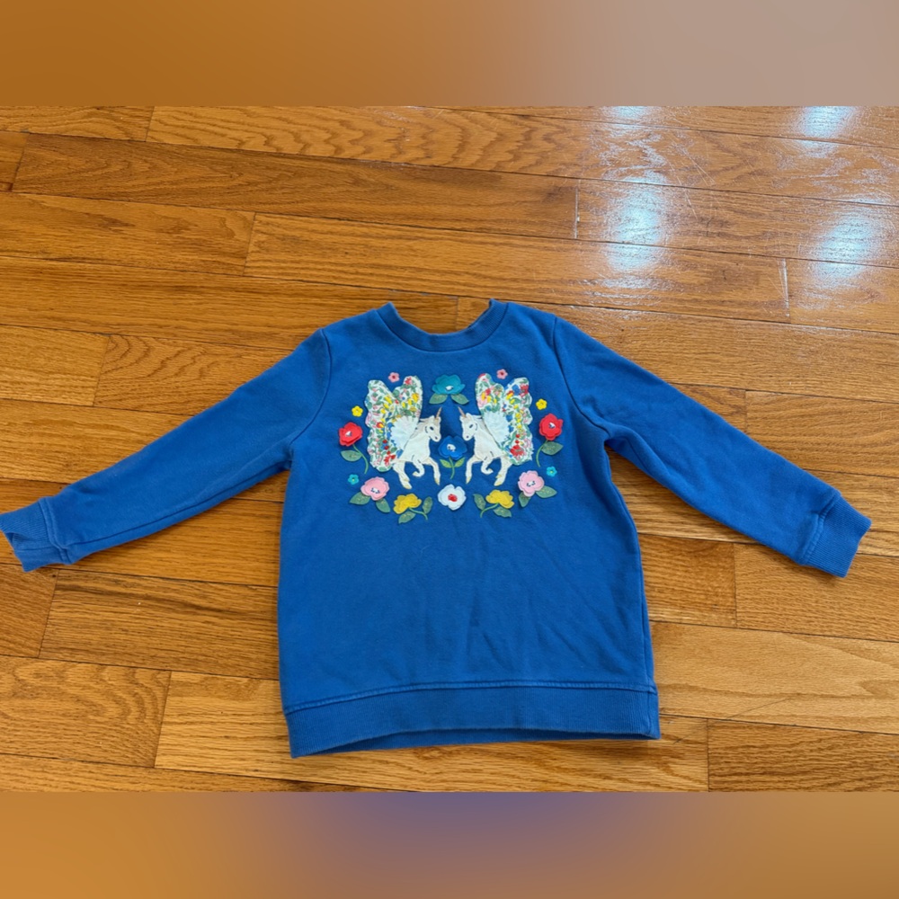 Mini Boden Royal Blue Sweatshirt with Floral Unicorn Motif